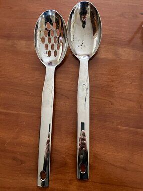 Two Crate and Barrel Serving Spoons One Slotted, ~13"L, Glossy Stainless, EUC